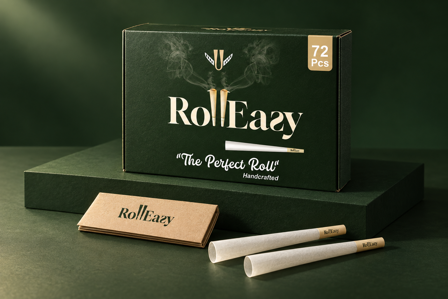 RollEazy forest-green packaging on a sculptural plinth, with a kraft booklet and empty paper cones