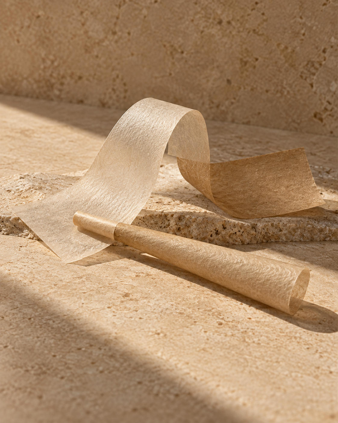 A close-up of translucent rolling paper and an empty natural brown cone on warm stone